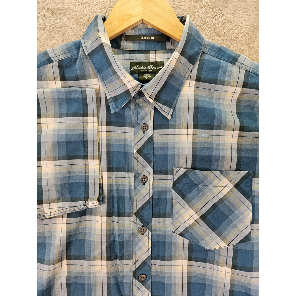 Eddie Bauer Organic Cotton Blend Shirt Plaid Short Sleeve Ventilation Sz L Tall